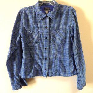Evolution cotton flanned plaid button down shirt L blue